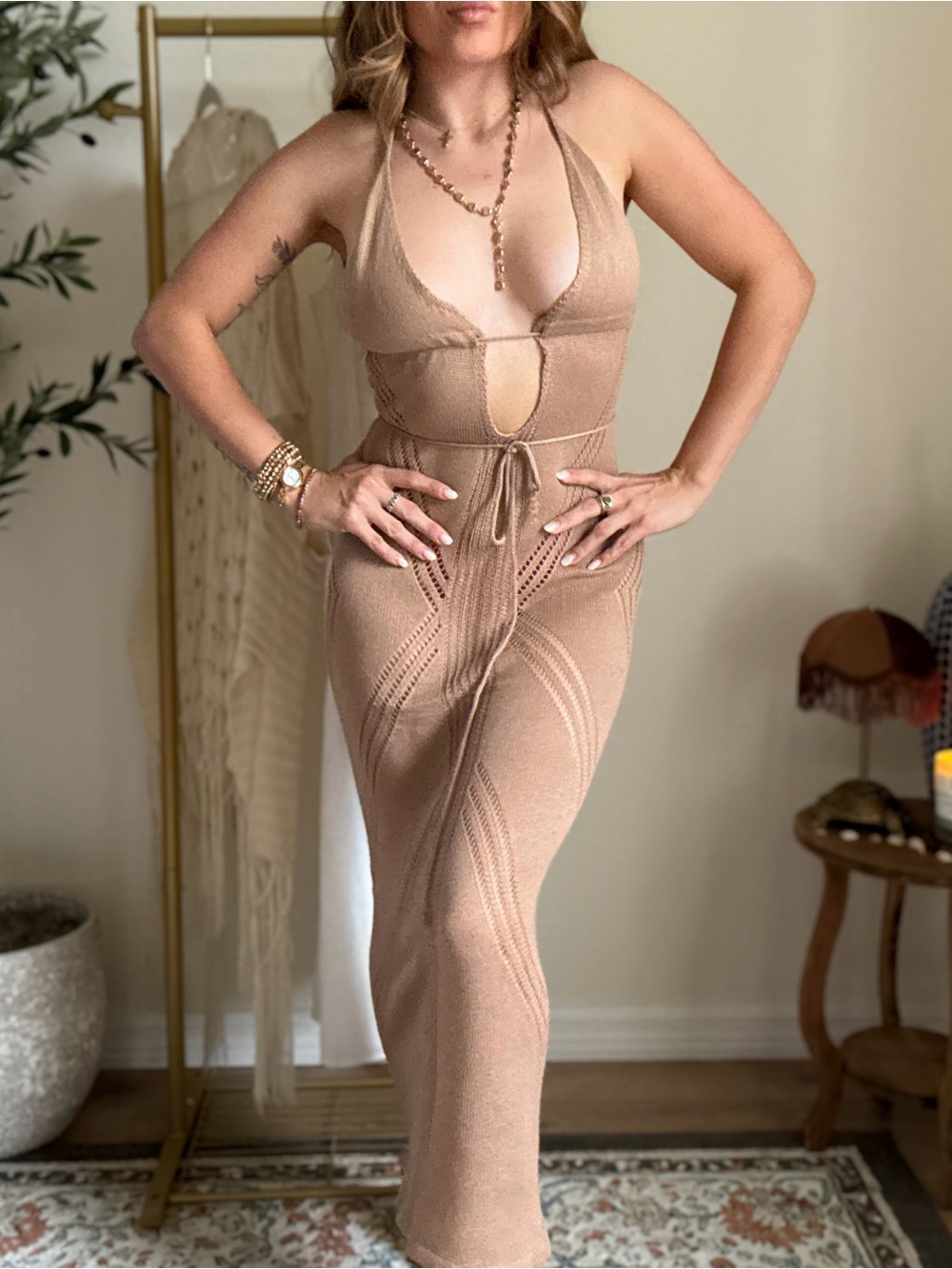 Whimsy tan knit bodycon dress